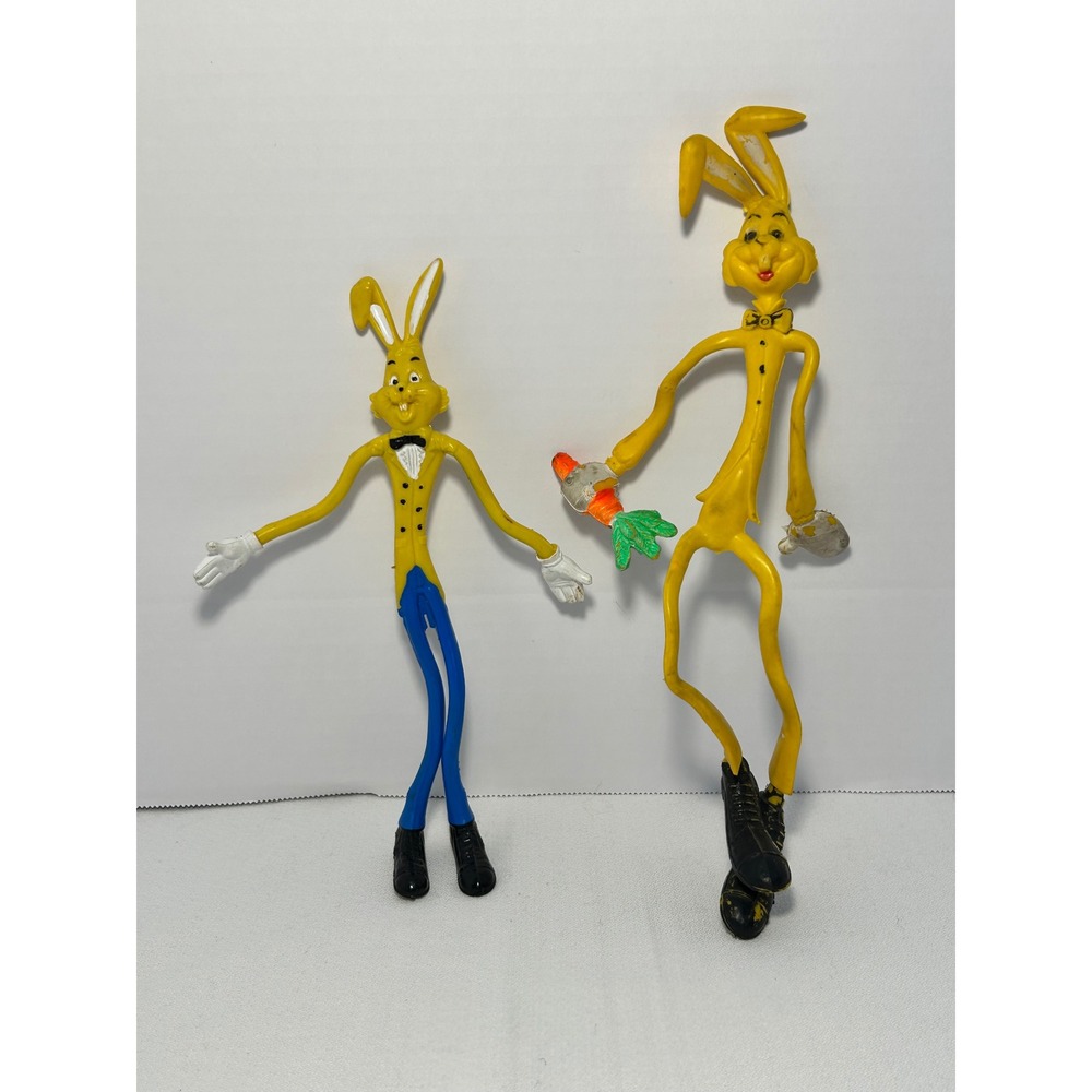Vintage Easter Bunny‎ Figures Yellow Action Toys Set of 2 Holding Carrot